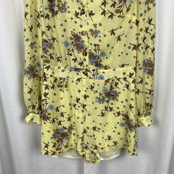 ModCloth Yellow Dragonfly Retro Floral Time To Suit Up Long Sleeve Romper Sz.M - Picture 6 of 15